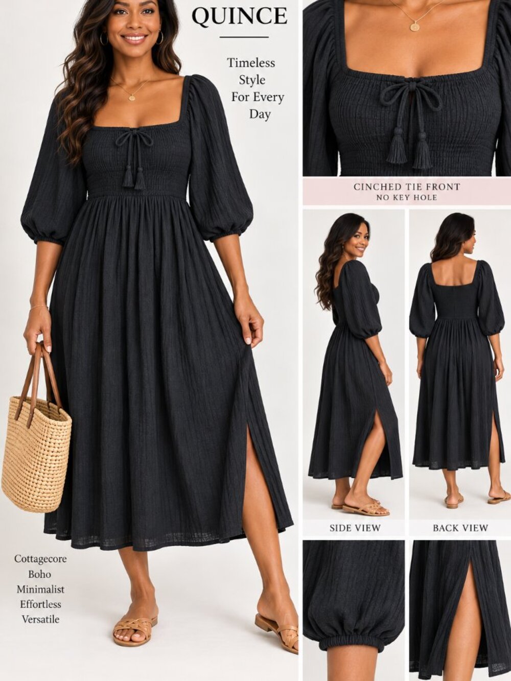 Quince Blue Smocked Puff Sleeve Midi Dress Cottagecore Boho Tie Front Sz S